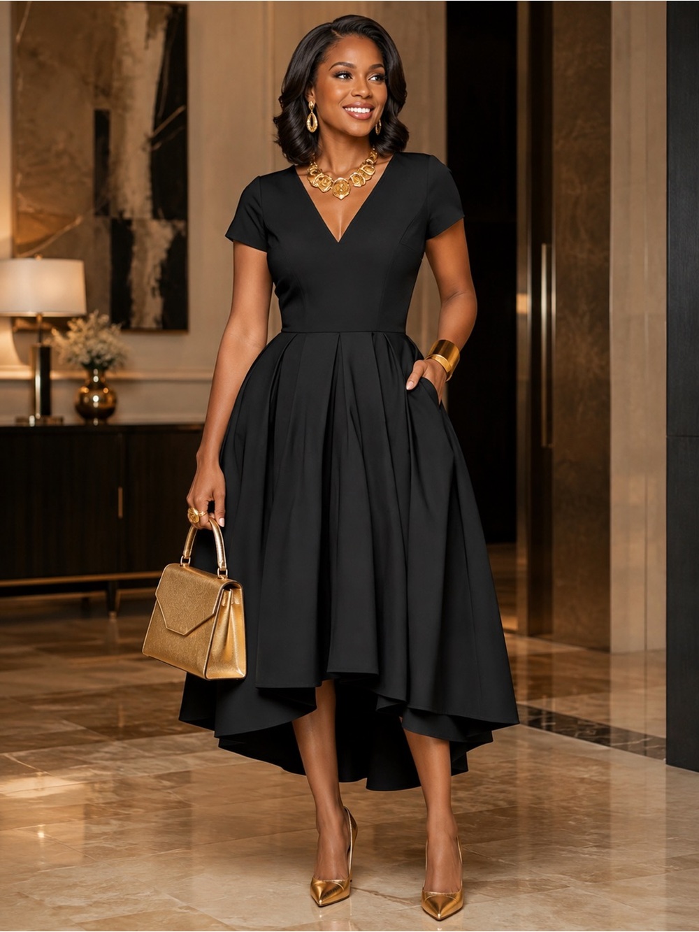 Elegant Black High-Low Midi Dress with Pockets Fit & Flare 2XL Fits M–L